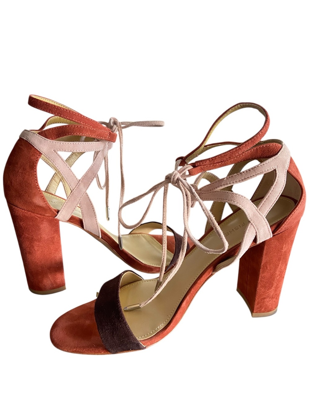 Marc Fisher Suede Two-Tone Lace-Up Block Heel Sandals - Rust & Blush - Picture 9 of 13